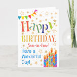 Stars, Bunting, Candles for Son-in-Law Birthday Card<br><div class="desc">A colourful text-based Birthday Card for a Son-in-Law with Polka Dot Bunting, bright, striped cake candles and sprinkled with gold-effect stars. The pattern text says, 'Happy Birthday' and there is false 'Have a wonderful day!' in blue lettering (NB the gold effect stars and outlines will be as seen and not...</div>