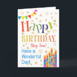 Stars, Bunting, Candles for Step Son Birthday Card<br><div class="desc">A colorful, text-based Birthday Card for a Step Son with Polka Dot Bunting, bright, striped birthday cake candles and sprinkled with gold-effect stars. The patterned text says, 'Happy Birthday' and there is also 'Have a wonderful day!' in blue lettering (NB the gold effect stars and outlines will be as seen...</div>