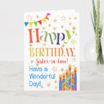 Stars, Bunting, Candles Sister-in-Law Birthday Card<br><div class="desc">A colorful, text-based Birthday Card for a Sister-in-Law, with Polka Dot Bunting, bright, striped birthday cake candles and sprinkled with gold-effect stars. The patterned text says, 'Happy Birthday' and there is also 'Have a wonderful day!' in blue lettering (NB the gold effect stars and outlines will be as seen and...</div>