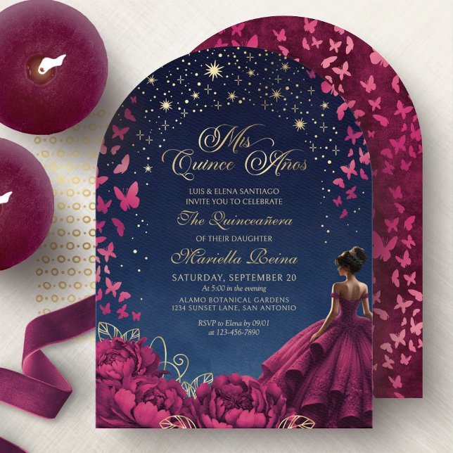 Stars Butterflies Burgundy Quinceanera Invitation (Creator Uploaded)