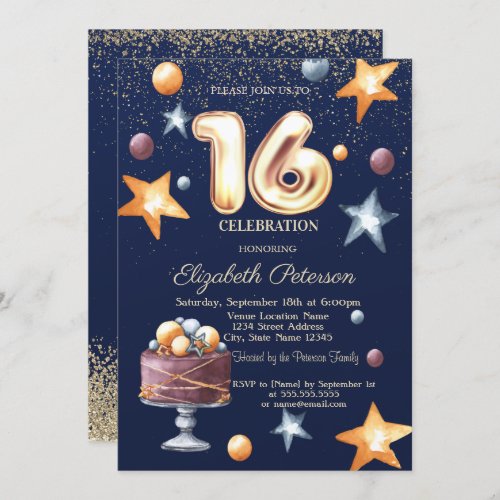 Stars Cake Confetti Diamond Sweet 16 Invitation