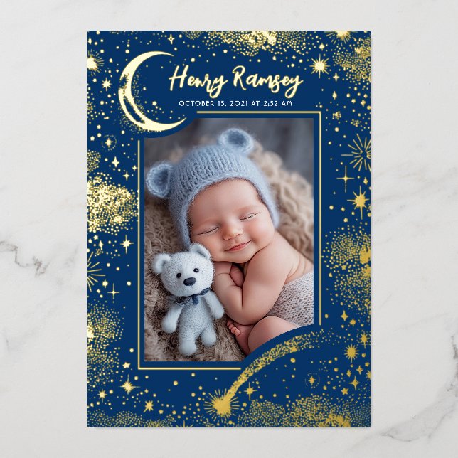 Stars Celestial Cute Blue Newborn Photos Birth Foil Invitation (Front)