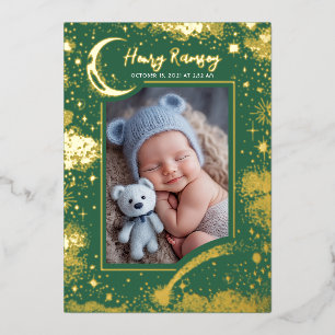 Stars Celestial Cute Green Newborn Photos Birth Foil Invitation