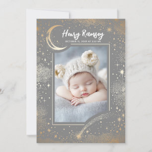 Stars Celestial Cute Grey Newborn Photos Birth Announcement