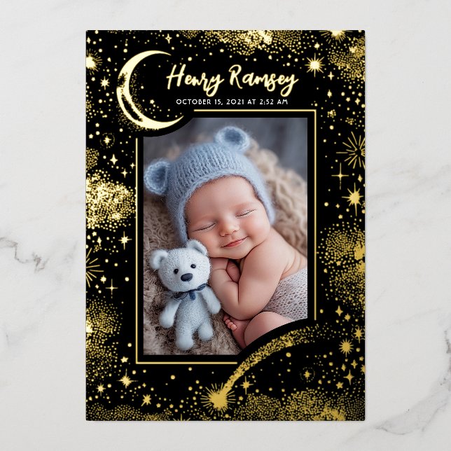 Stars Celestial Cute Newborn Photos Birth Foil Invitation (Front)