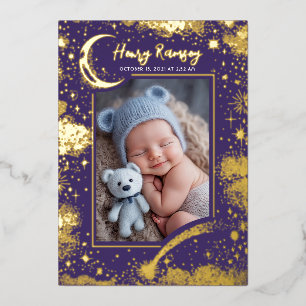 Stars Celestial Cute Purple Newborn Photos Birth Foil Invitation