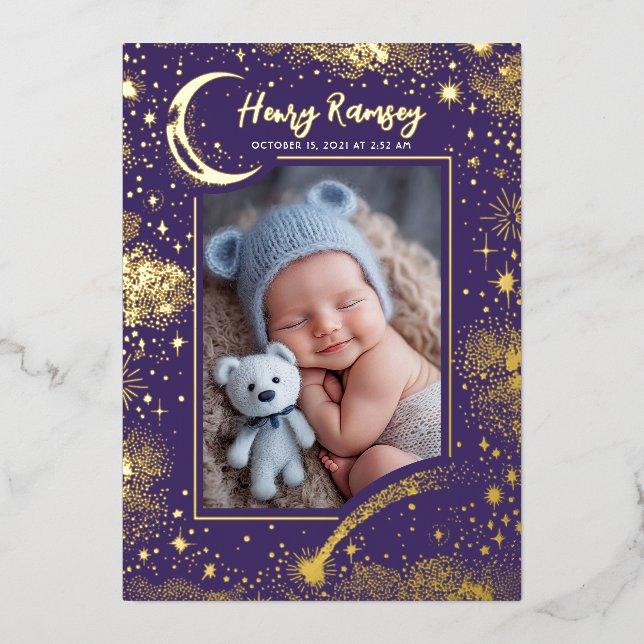 Stars Celestial Cute Purple Newborn Photos Birth Foil Invitation (Front)