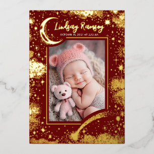 Stars Celestial Cute Red Newborn Photos Birth Foil Invitation