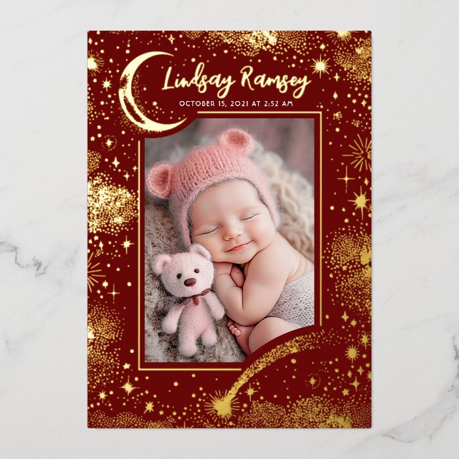 Stars Celestial Cute Red Newborn Photos Birth Foil Invitation (Front)