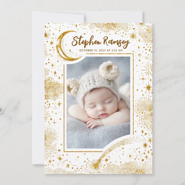 Stars Celestial Cute White Newborn Photos Birth Announcement (Front)