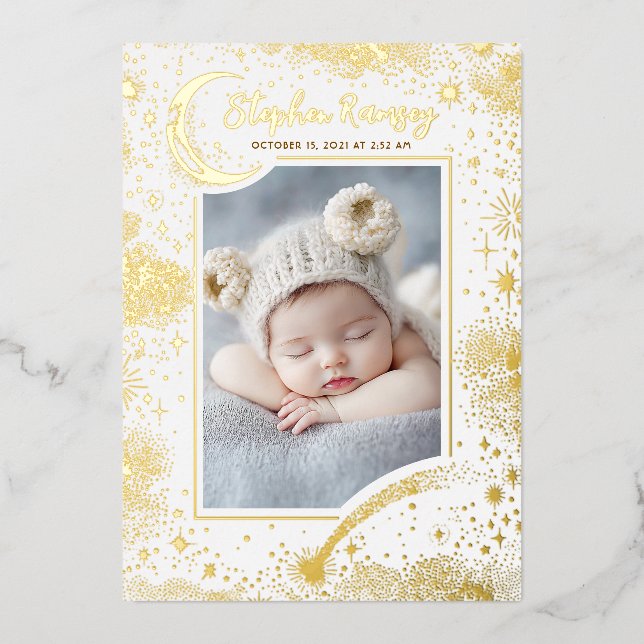 Stars Celestial Cute White Newborn Photos Birth Foil Invitation (Front)