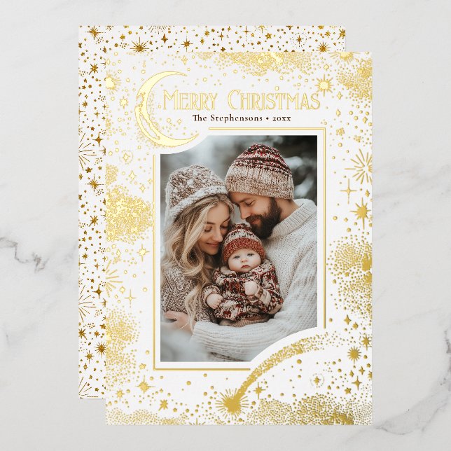 Stars Celestial Magical Merry Christmas Photo Foil Holiday Card (Front/Back)