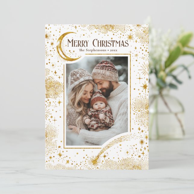 Stars Celestial Magical Merry Christmas Photo Holiday Card (Standing Front)