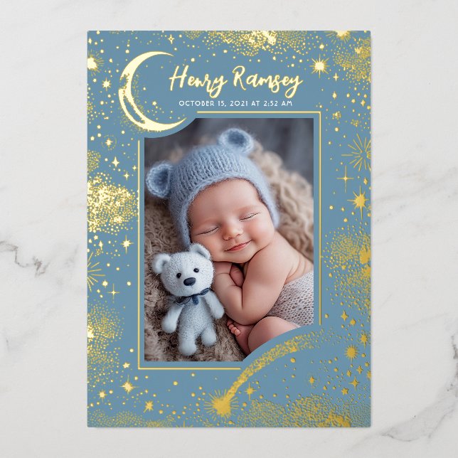 Stars Celestial Soft Blue Newborn Photos Birth Foil Invitation (Front)