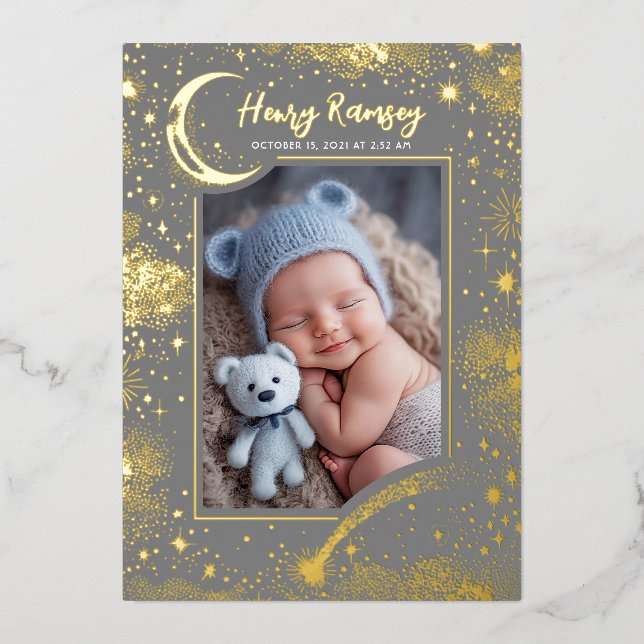 Stars Celestial Soft Grey Newborn Photos Birth Foil Invitation (Front)