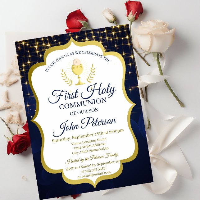 Stars,Chalice Navy Blue First Holy Communion Invitation (Creator Uploaded)