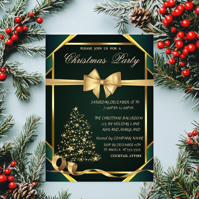 Stars Christmas Tree ,Bow Green Christmas Party Invitation (Creator Uploaded)
