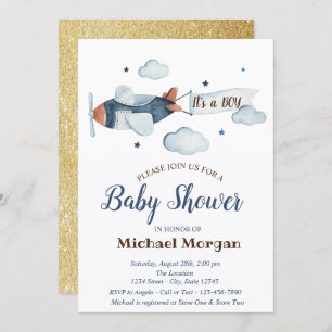 Stars,Clouds,Airplane Gold Glitter Baby Shower Invitation