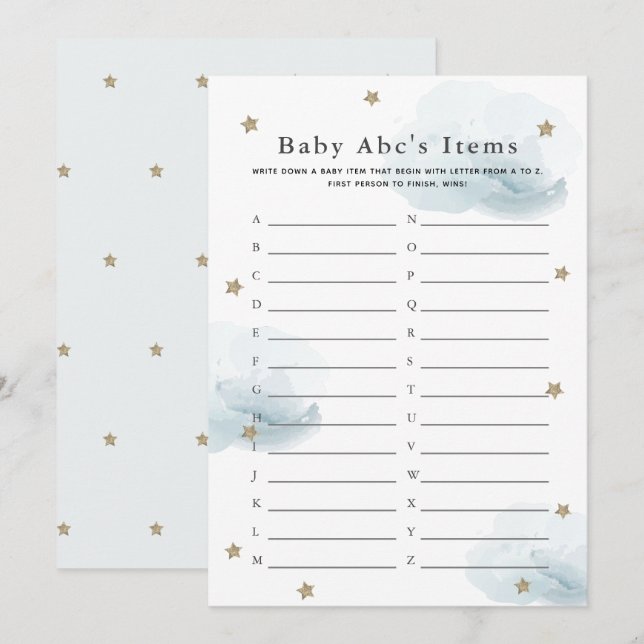 Stars & Clouds Baby ABC Item Shower Game Blue Card (Front/Back)