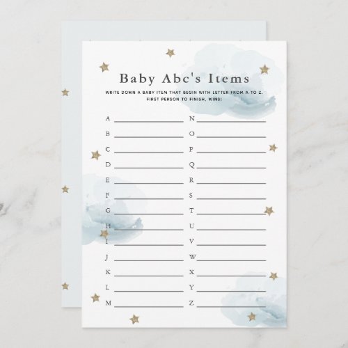 Stars  Clouds Baby ABC Item Shower Game Blue Card
