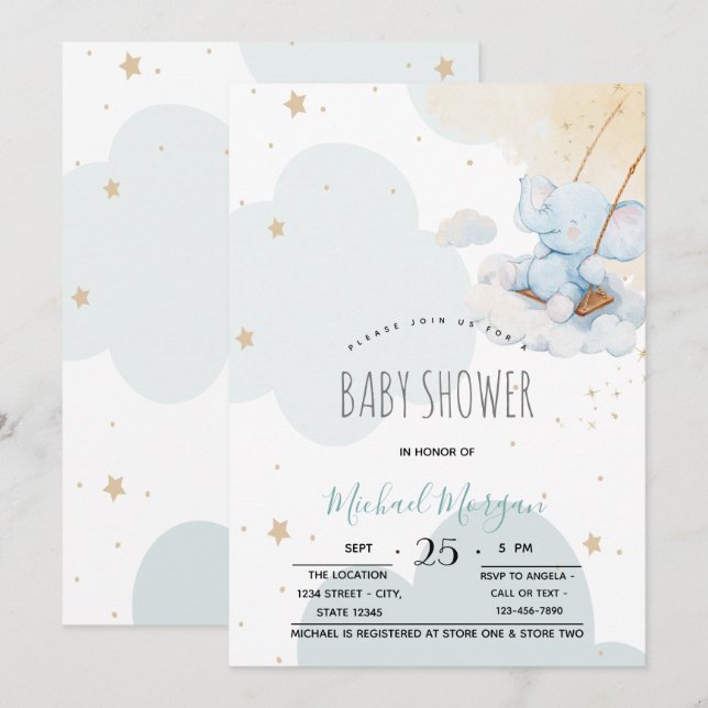 Stars Clouds Blue Teddy Bear Baby Shower Invitation (Front/Back)