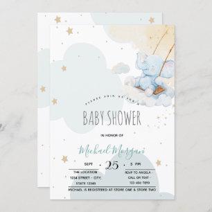 Stars Clouds Blue Teddy Bear Baby Shower Invitation