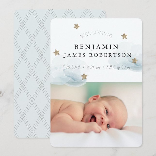 Stars & Clouds Boy Blue Birth Announcement Card (Front/Back)