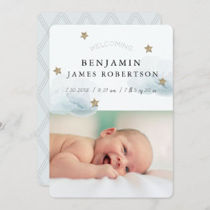 Stars & Clouds Boy Blue Birth Announcement Card