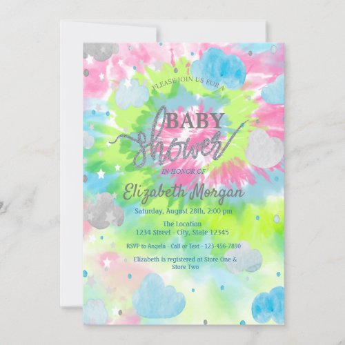  Stars  Clouds Colorful Tie Dye Baby Shower  Invitation