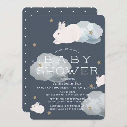 Stars  Clouds Flying Bunny Baby Shower Invitation