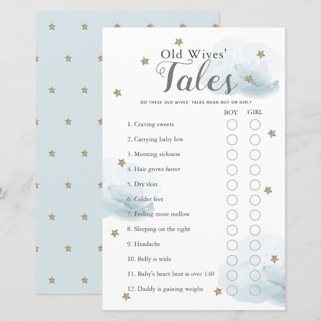 Stars & Clouds Old Wives' Tales Baby Shower Game (Front/Back)