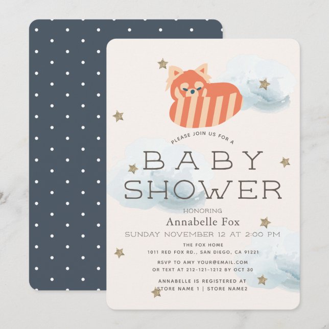Stars & Clouds Red Panda Baby Shower Invitation (Front/Back)