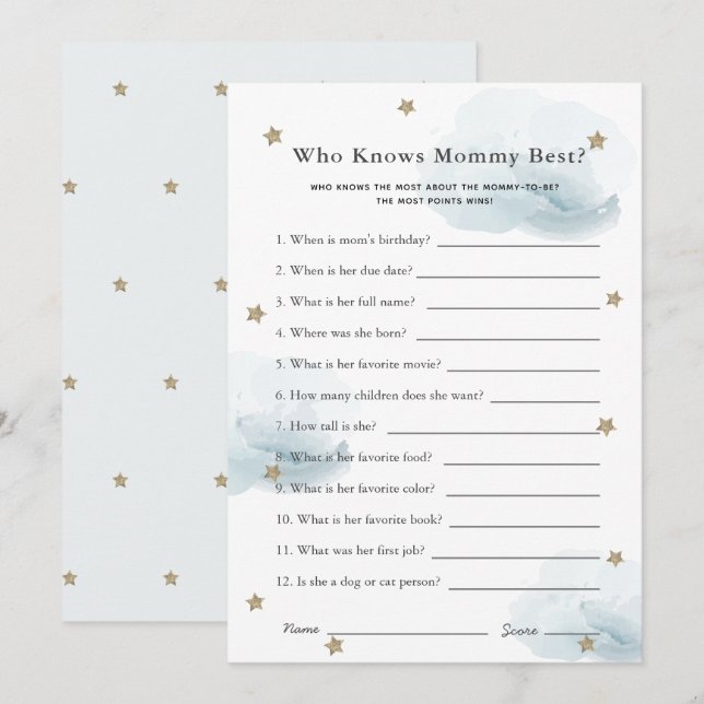 Stars & Clouds Who Knows Mom Shower Game Blue Card (Front/Back)
