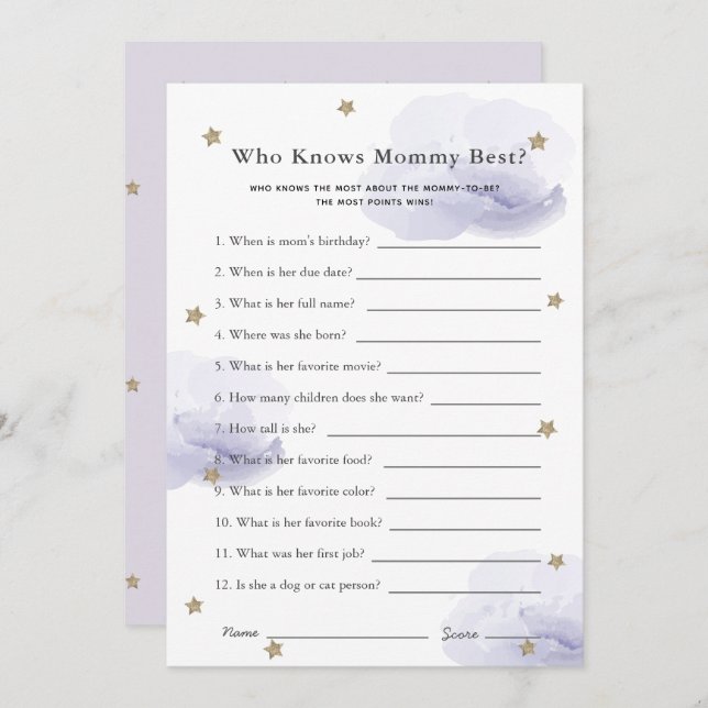 Stars & Clouds Who Knows Mom Shower Game Lavender Invitation (Front/Back)