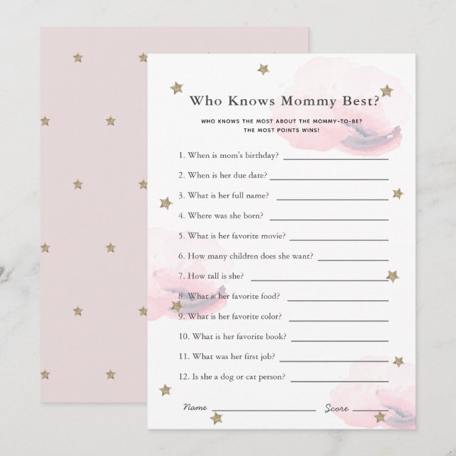 Stars & Clouds Who Knows Mom Shower Game Pink Card (Front/Back)