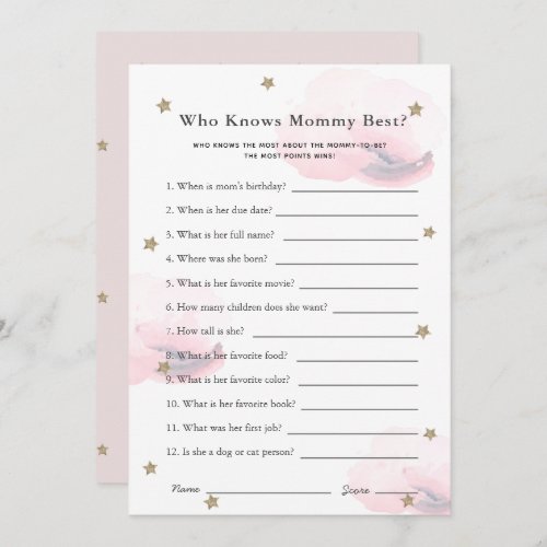 Stars  Clouds Who Knows Mom Shower Game Pink Card