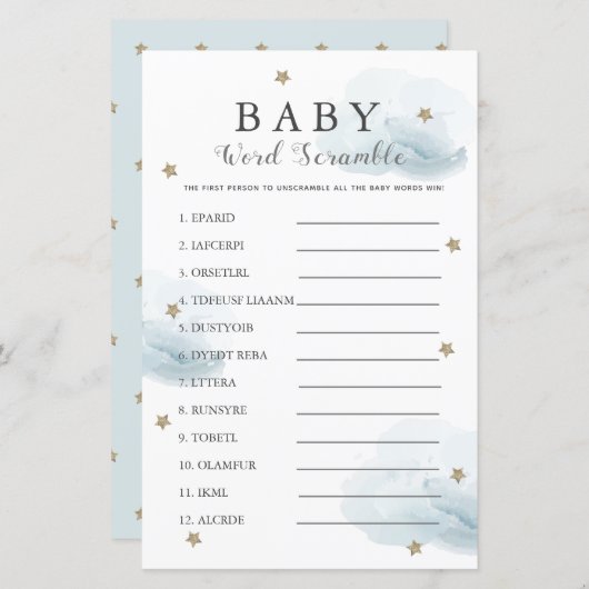 Stars & Clouds Word Scramble Baby Shower Blue Game (Front/Back)