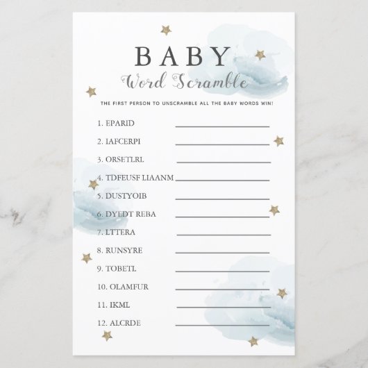 Stars & Clouds Word Scramble Baby Shower Blue Game (Front)