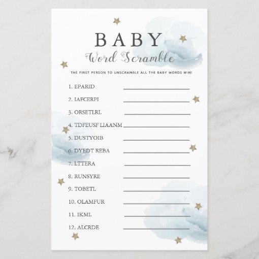 Stars & Clouds Word Scramble Baby Shower Blue Game | Zazzle