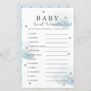 Stars & Clouds Word Scramble Baby Shower Blue Game