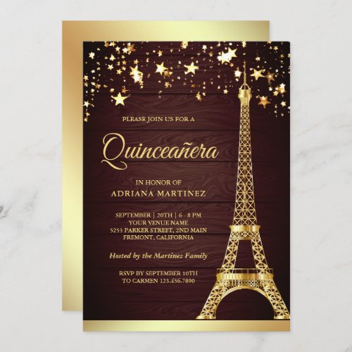 Stars Confetti Gold Foil Eiffel Tower Quinceanera Invitation