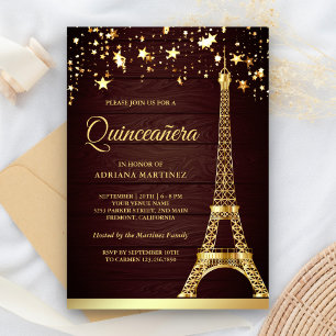 Stars Confetti Gold Foil Eiffel Tower Quinceanera Invitation