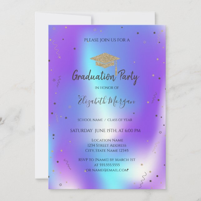  Stars Confetti Grad Cap Holographic Graduation  Invitation (Front)