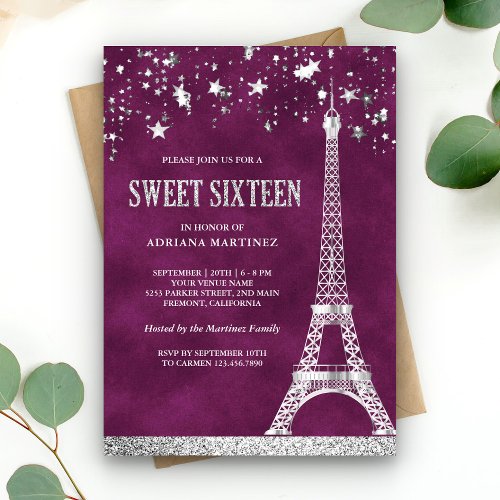 Stars Confetti Silver Eiffel Tower Plum Sweet 16 Invitation