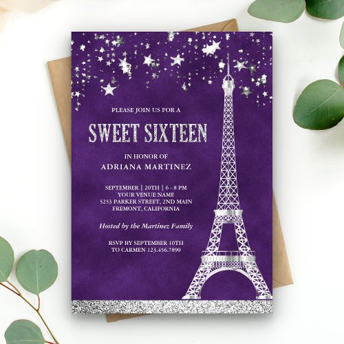 Stars Confetti Silver Eiffel Tower Purple Sweet 16 Invitation