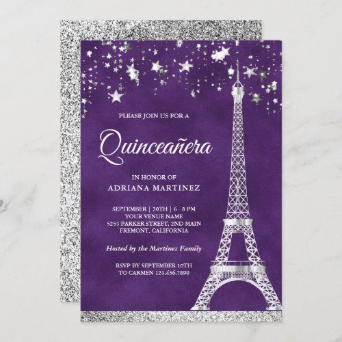 Stars Confetti Silver Eiffel Tower Quinceanera Invitation