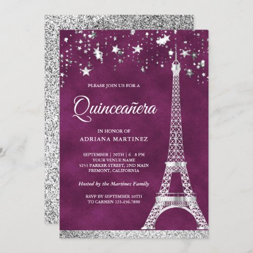 Stars Confetti Silver Eiffel Tower Quinceanera Invitation