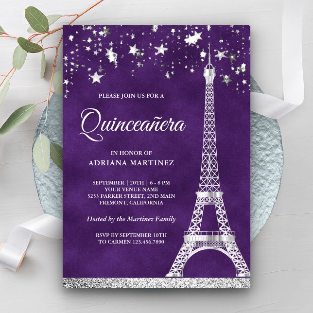 Stars Confetti Silver Eiffel Tower Quinceanera Invitation (Creator Uploaded)