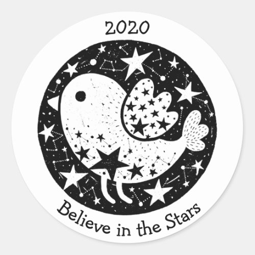 Stars  Constellations Cute Bird Flying BW Classic Round Sticker