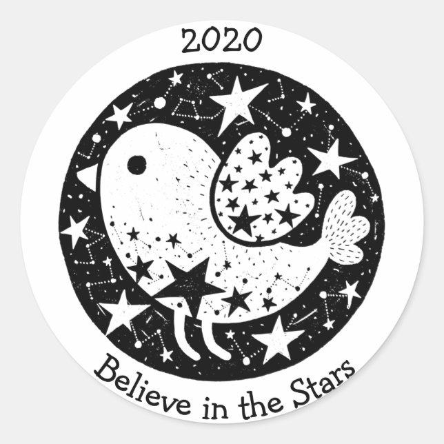 Stars & Constellations Cute Bird Flying B/W Classic Round Sticker (Front)